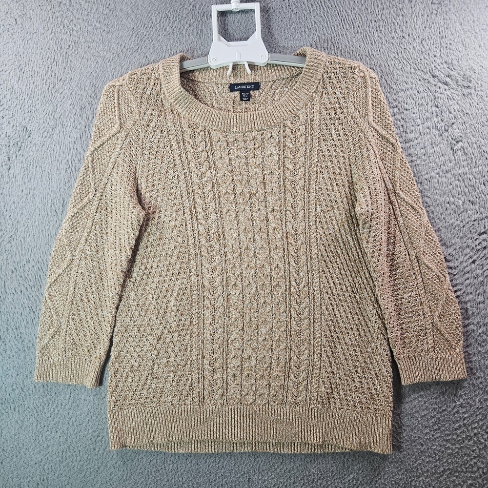 Lands' End Lightweight Sweater Women Medium Petite 10 12 Cable Knit Tan White